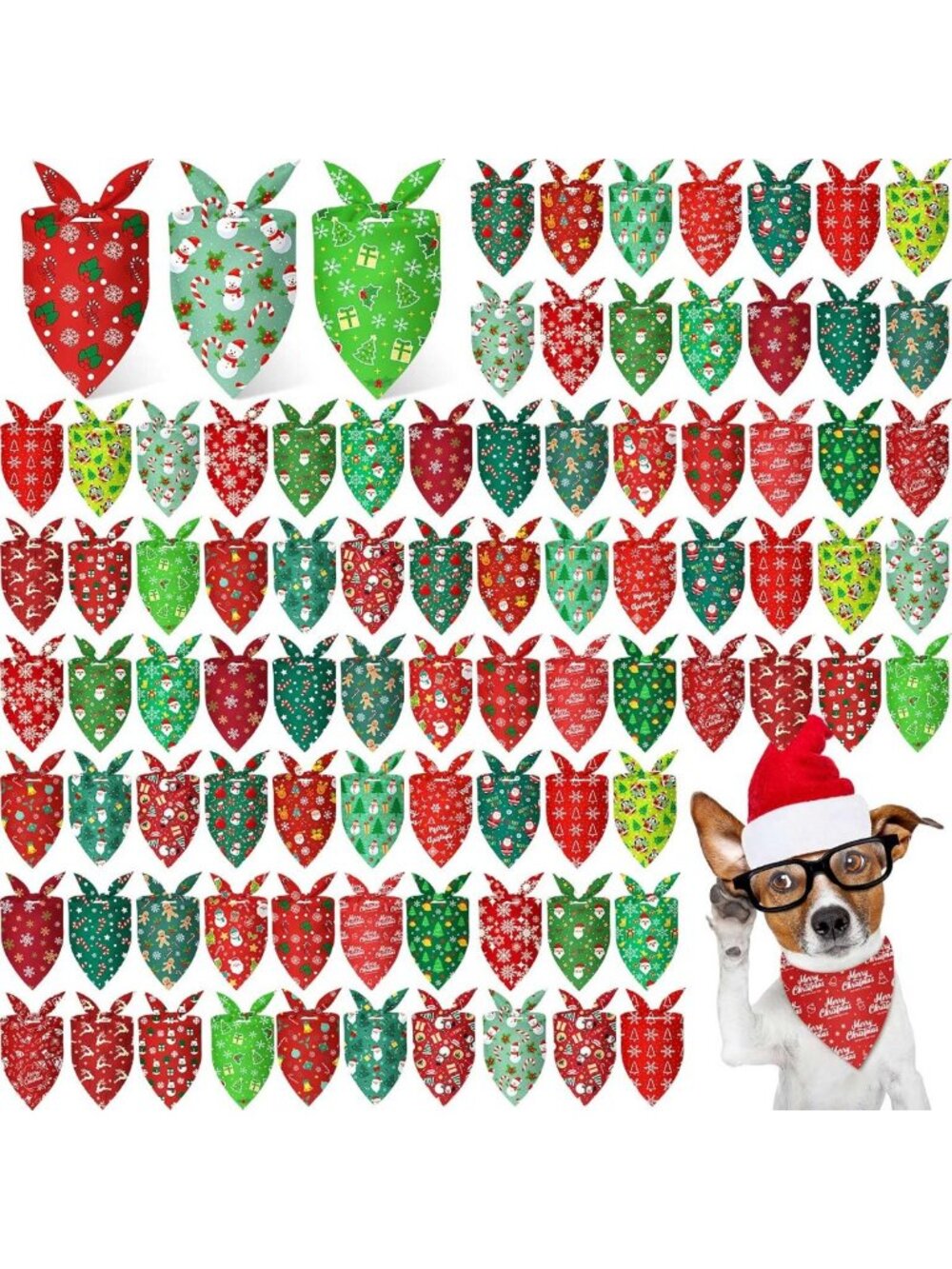 200 Christmas Dog Bandanas - Bulk Set, Red & Green, Santa & Snowflake Designs